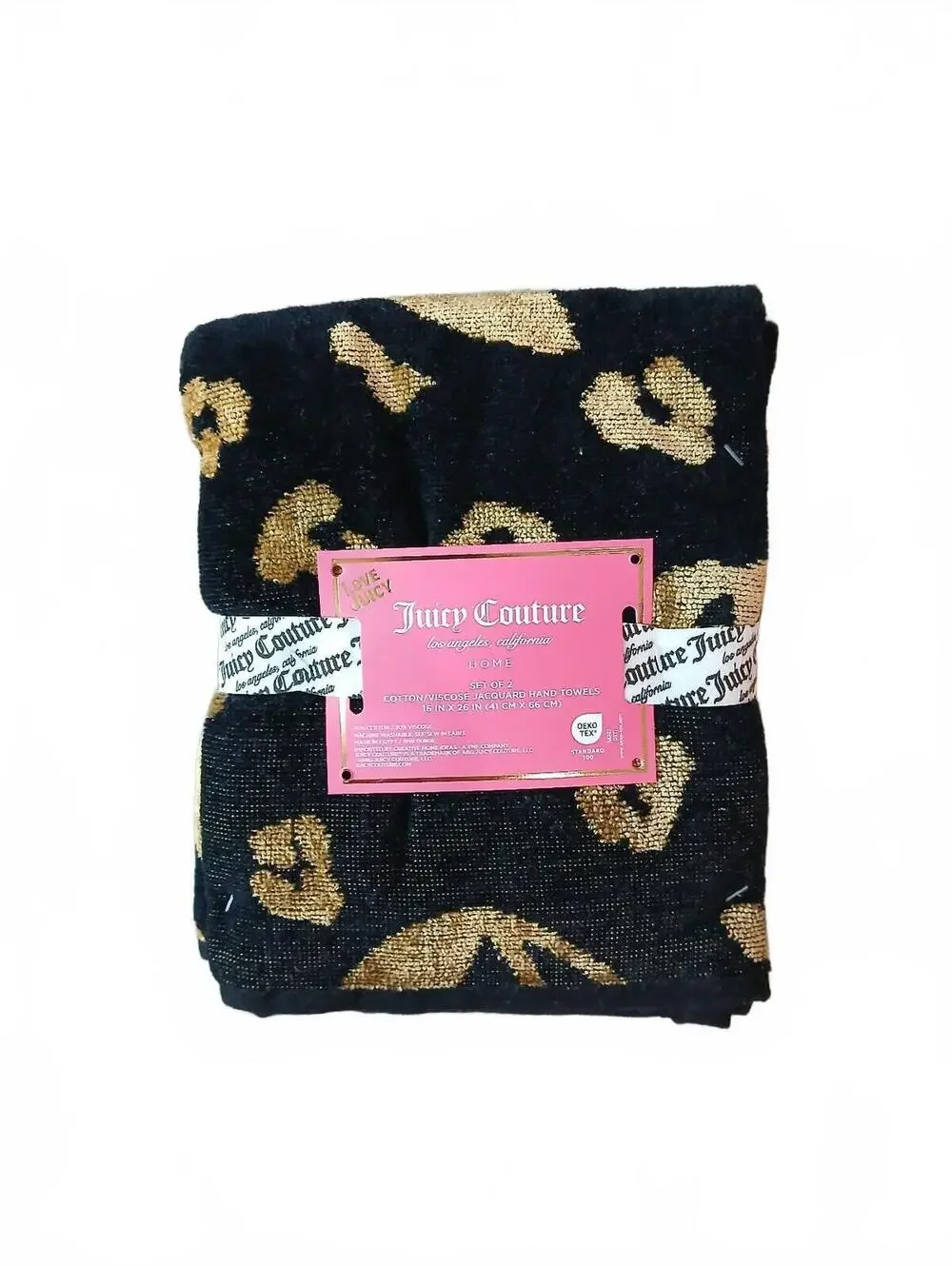 Juicy Couture Black Gold Leopard Print Cherry JC Logo Hand Towels 2 Pack NWT Y2K